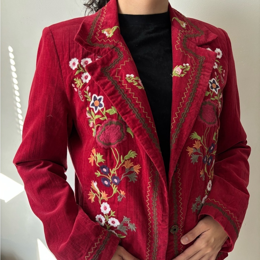 Y2K Vintage Red Preppy Boho Embroidered Fairy Corduroy Whimsy Jacket Medium